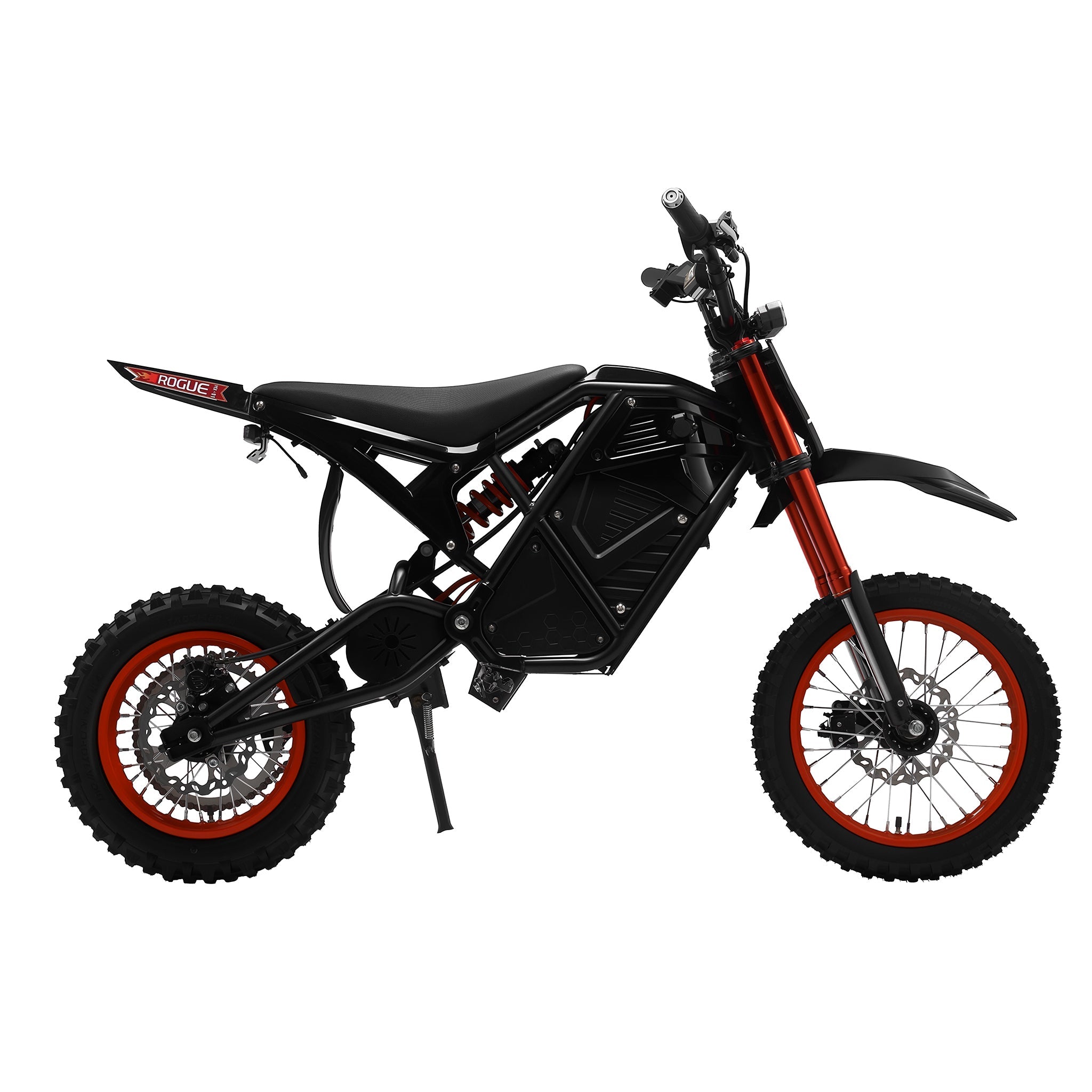 3000W Electric Dirt Bike Rogue MX-01 | Right Side View with 23Ah Aerospace-grade Battery Cells and Full Hydraulic Suspension