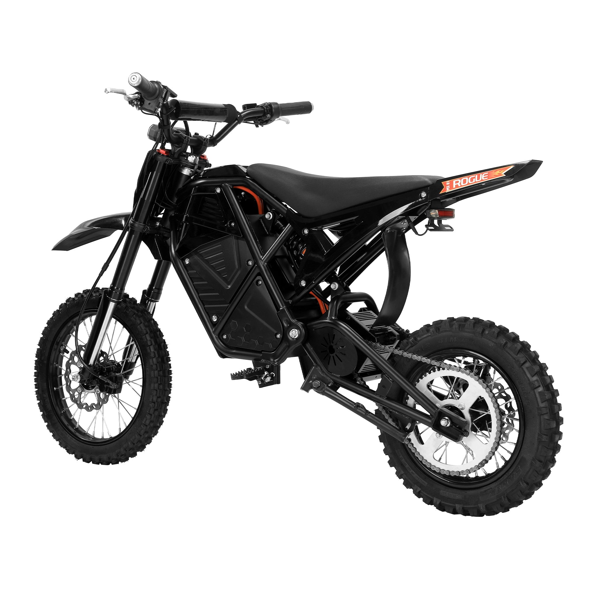 3000W Electric Dirt Bike Rogue MX-01 Black | Rear Side View with Hydraulic Brakes and Puncture-resist Motorcycle-grade Tires