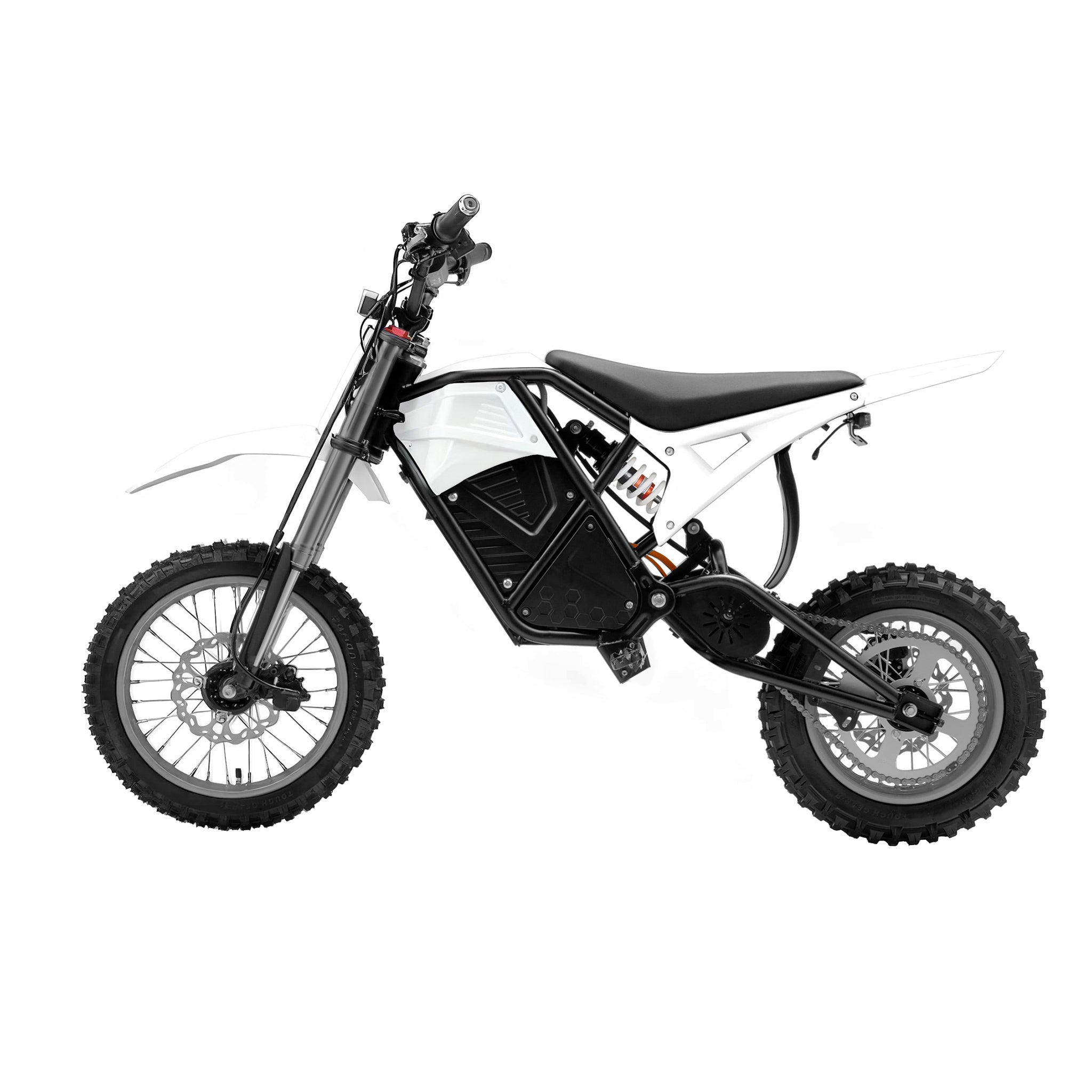 3000W Electric Dirt Bike Rogue MX-01 White | Left Profile of Off-Road E-Bike with 3000W Mid-Drive Motor