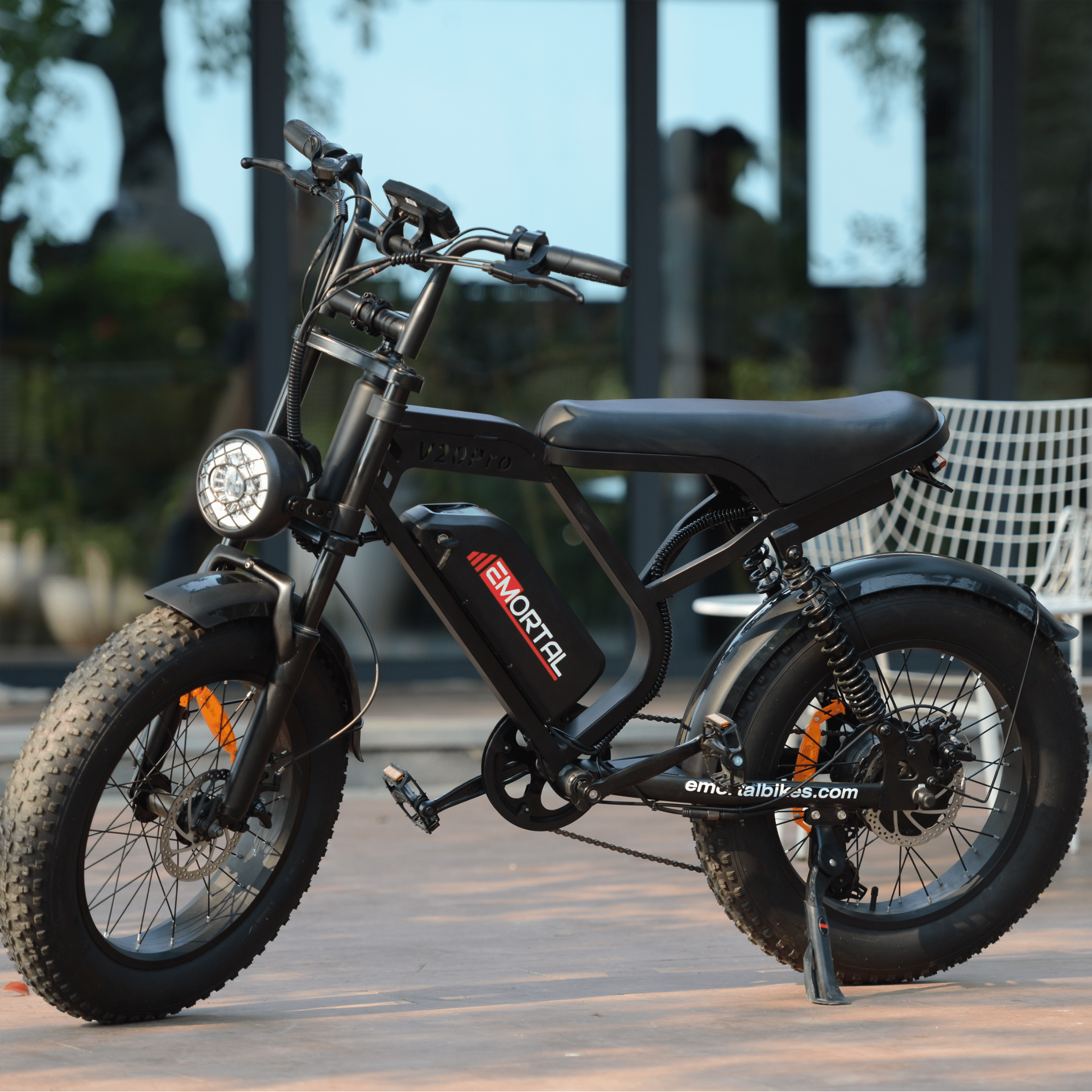 EMORTAL V20 Pro electric bike outdoor photo | 20" fat tire e-bike with dual suspension and LED headlight