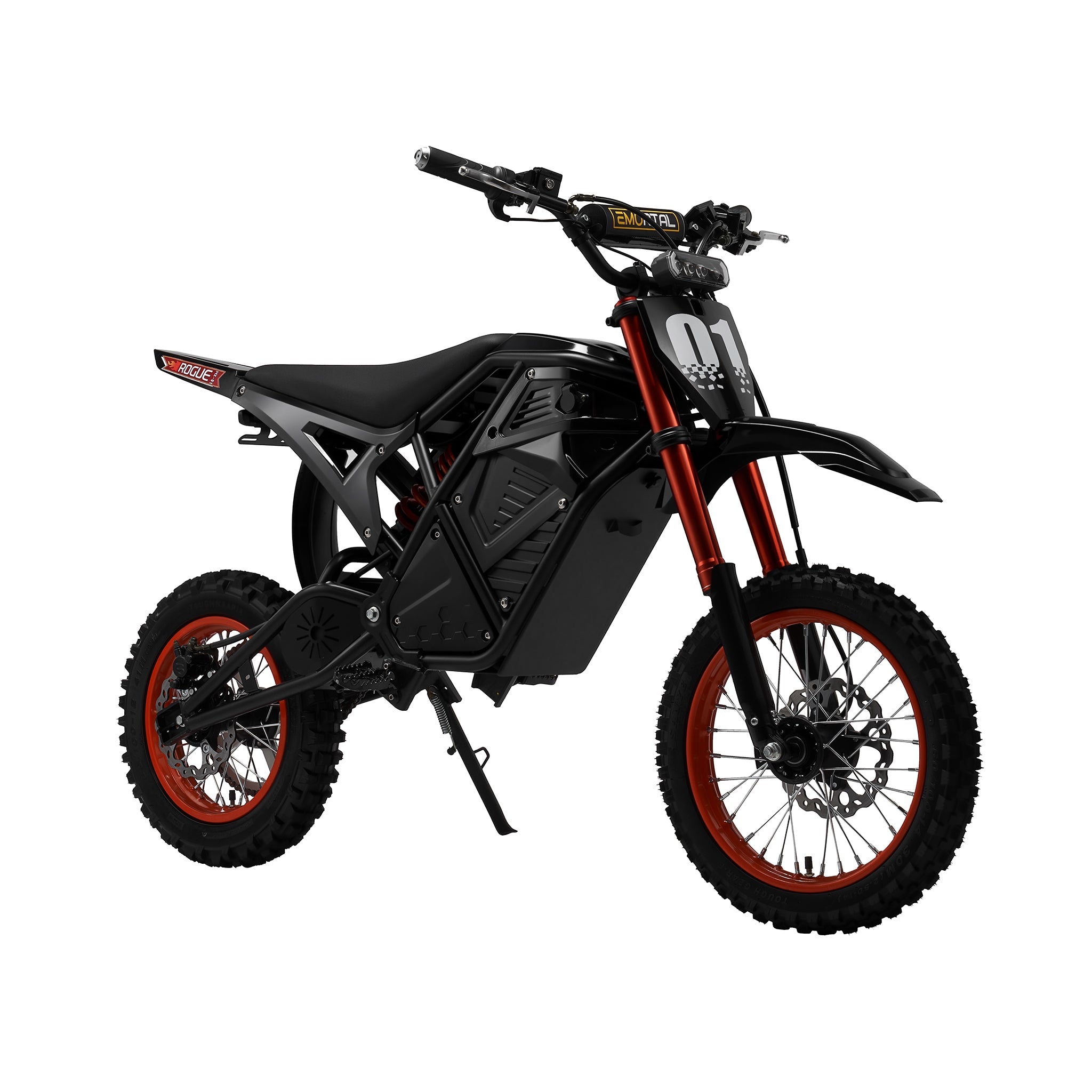 3000W Electric Dirt Bike Rogue MX-01 | Angled Side View with Pro Suspension and Hydraulic Disc Brakes