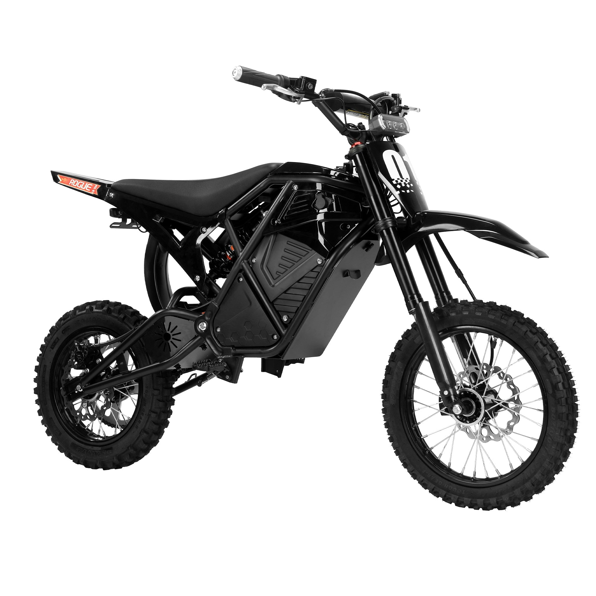 3000W Electric Dirt Bike Rogue MX-01 Black | Angled Side View with Pro Suspension and Hydraulic Disc Brakes