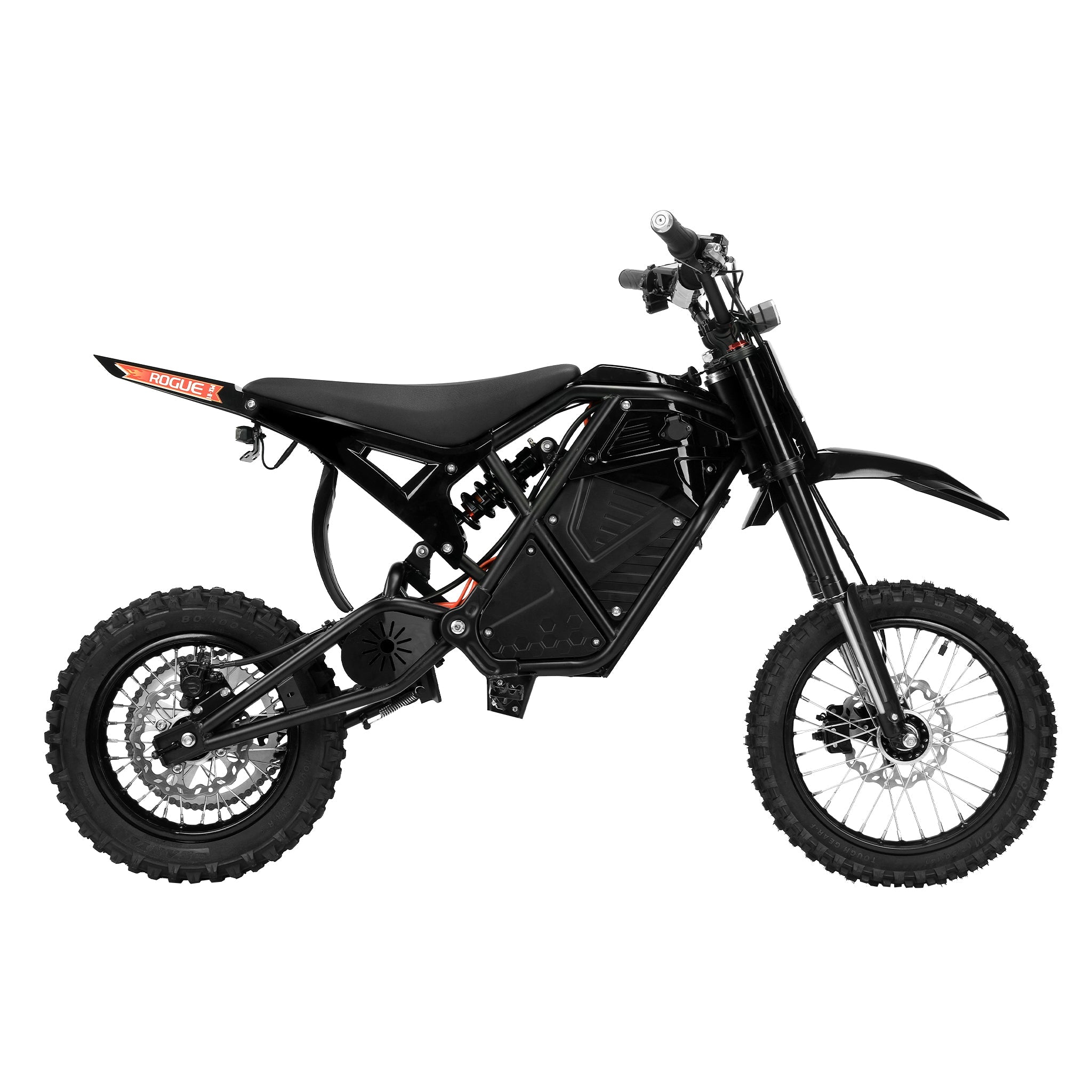 3000W Electric Dirt Bike Rogue MX-01 | Right Side View with 23Ah Aerospace-grade Battery Cells and Full Hydraulic Suspension