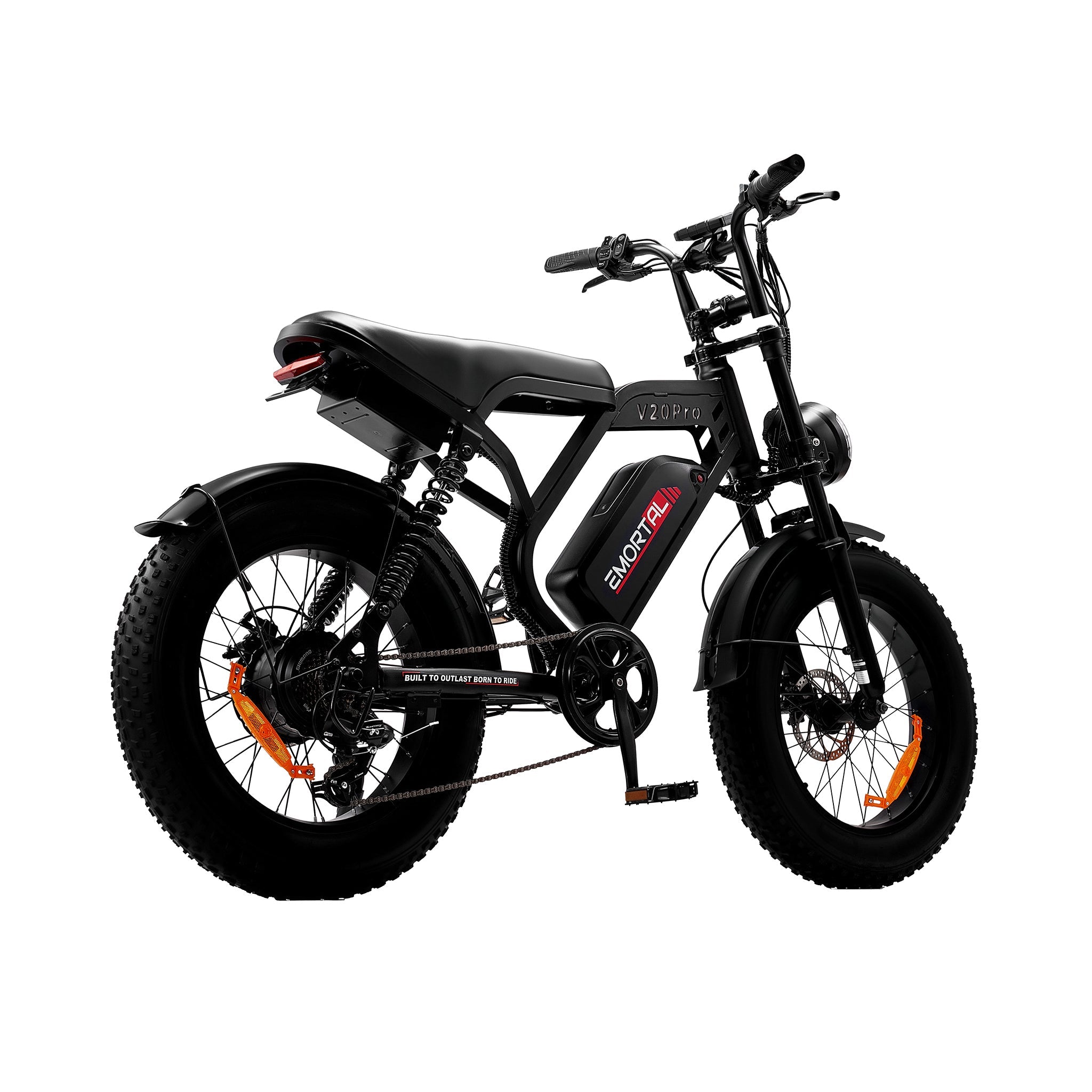 Emortal V20 Pro Fat Tire E-Bike | Rear Side View with Dual Shock Absorbers & All-Terrain 20 Inch Tires